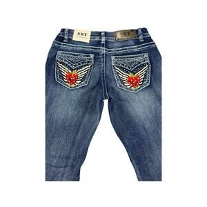 SKY Low Rise Bootcut Jeans Womens Size 9/29 Rhinestone Heart Wings NWT Denim
